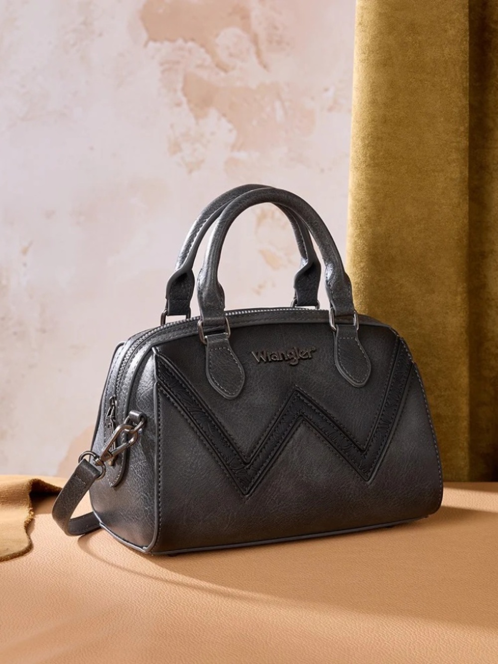 Wrangler Chevron Stitch Dome Satchel Crossbody Bag Black